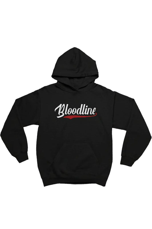 A black pullover hoodie with 'Bloodline' printed across the chest in white script with a red underline accent, displayed against a solid white background.