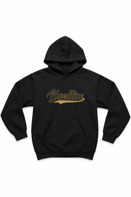 Gray hoodie with 'Bloodline Script' text on a white background
