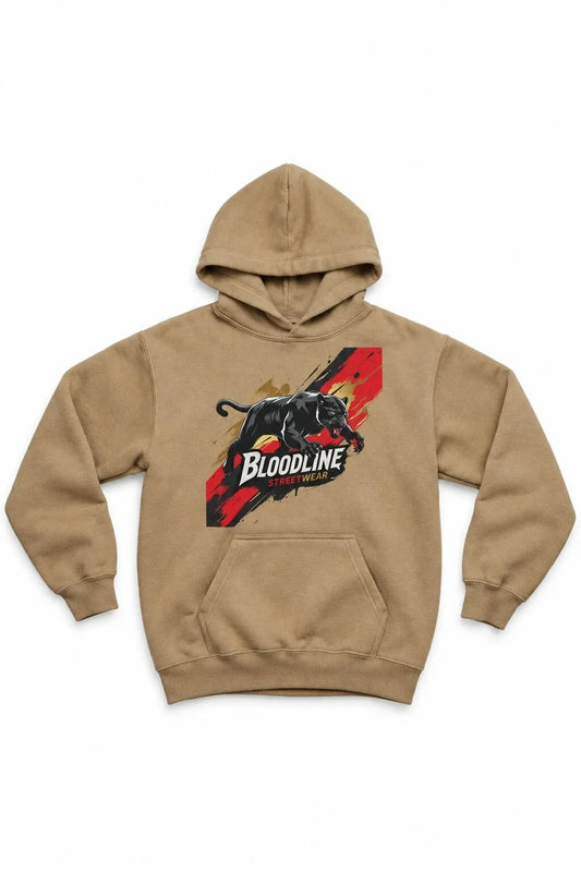 A tan pullover hoodie with a graphic on the chest featuring a black bull and the word 'BLOODLINE' over a red and black abstract background, displayed on a solid white background.