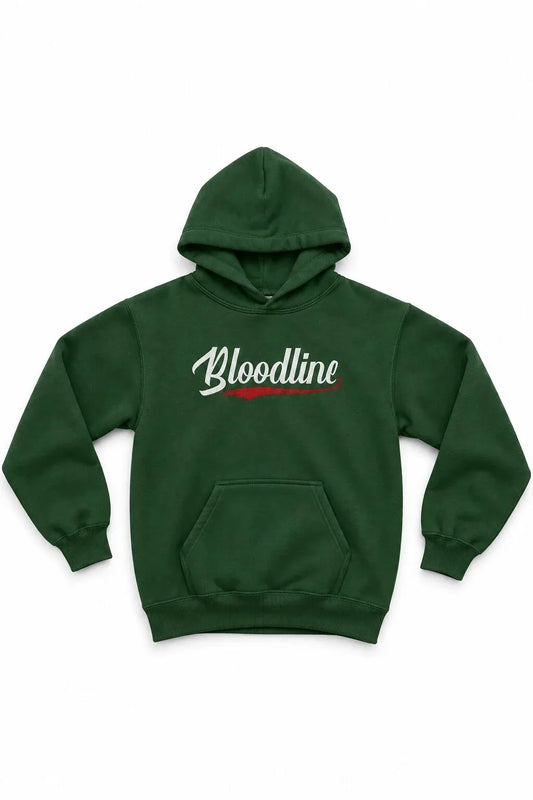 A dark green pullover hoodie with 'Bloodline' printed across the chest in white script with a red underline, displayed against a plain white background.