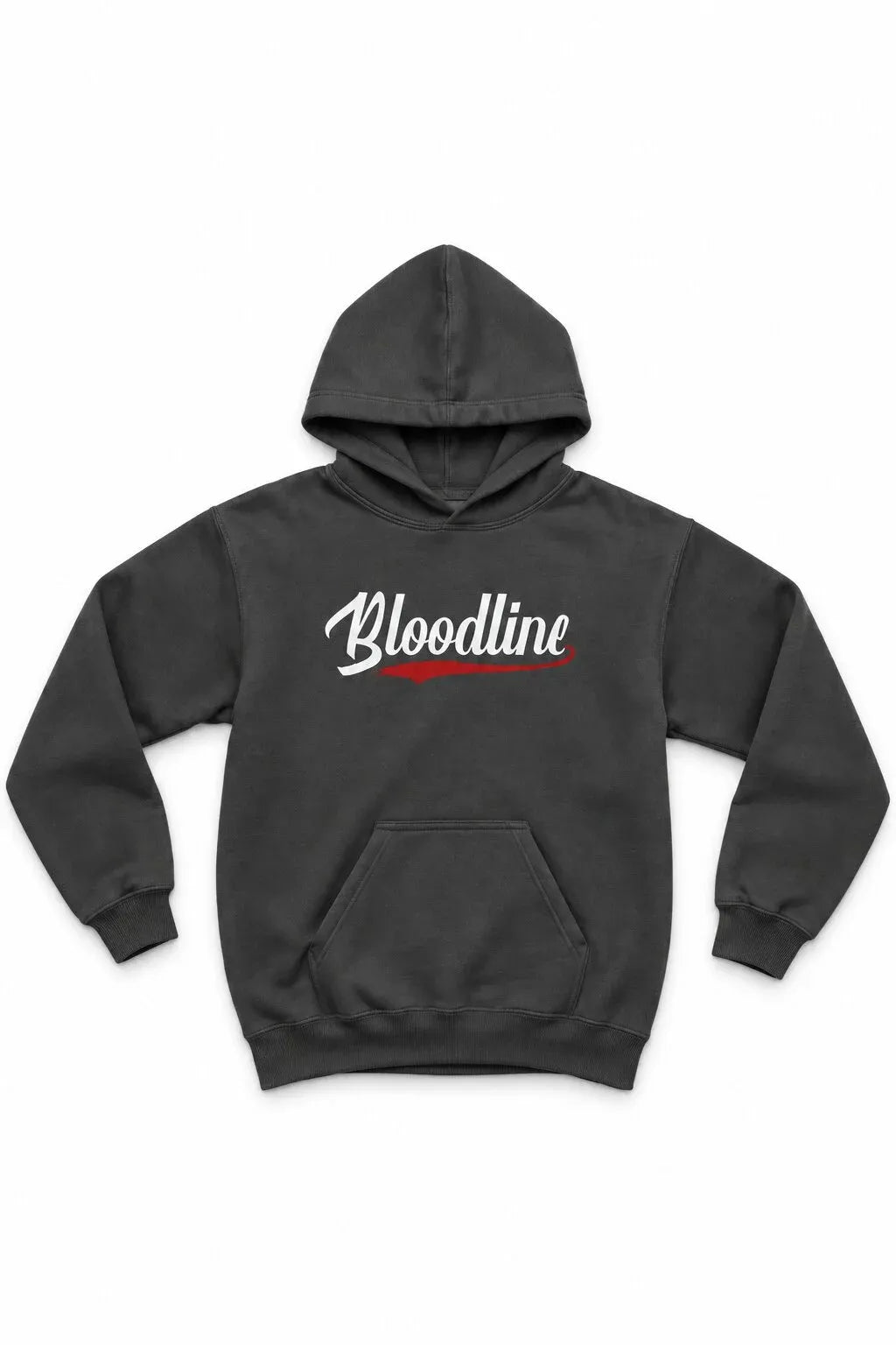 A dark gray pullover hoodie with 'Bloodline' printed across the chest in white script with a red underline, displayed against a plain white background.