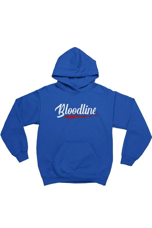 A royal blue pullover hoodie with a front kangaroo pocket and a 'Bloodline' graphic printed across the chest in white script with a red underline, shown against a plain white background.