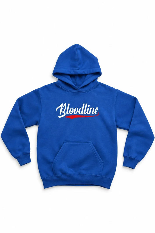 A royal blue pullover hoodie with a front kangaroo pocket and a 'Bloodline' graphic printed across the chest in white script with a red underline, shown against a plain white background.