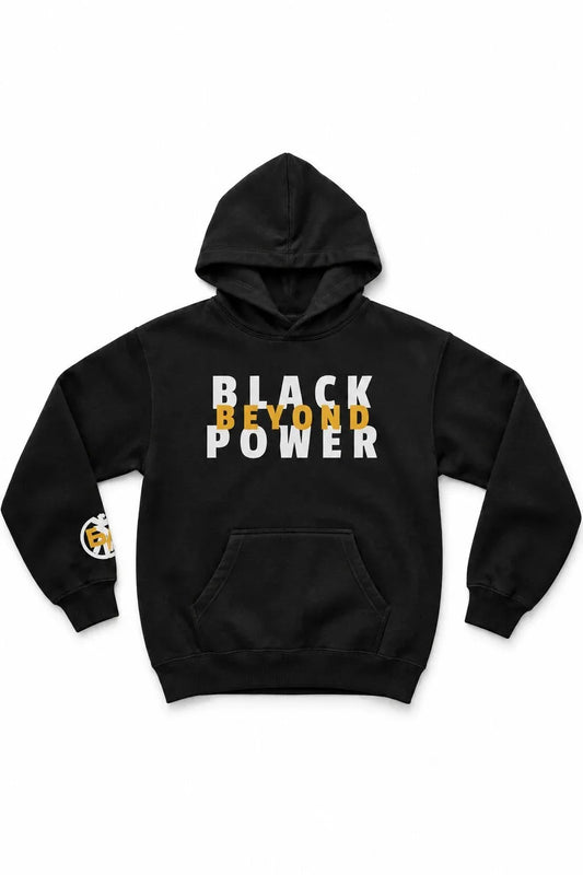 A black pullover hoodie with 'BLACK BEYOND POWER' printed across the chest in white and yellow, and a small circular logo on the left sleeve, shown against a plain white background.