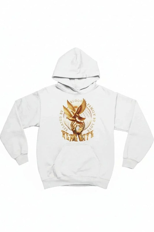 A white pullover hoodie featuring a large golden-brown graphic on the chest.