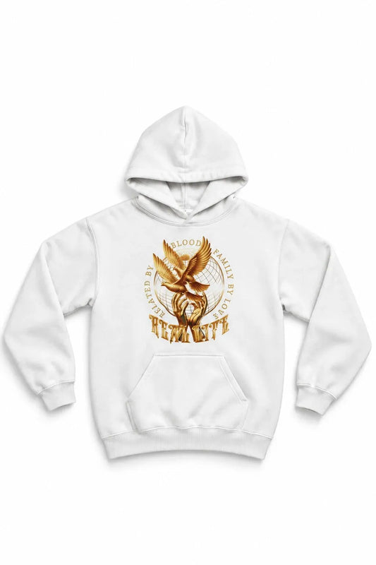 A white pullover hoodie featuring a large golden-brown graphic on the chest.