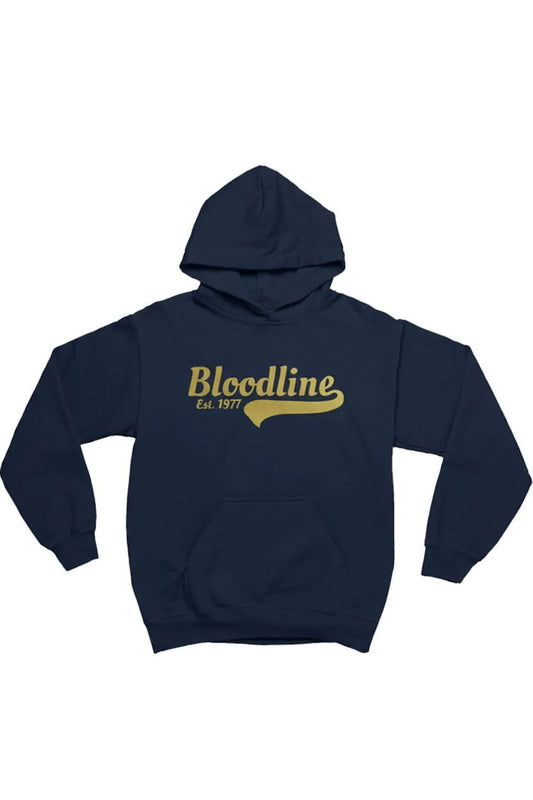 Navy hoodie with 'Gold rush' text on a white background