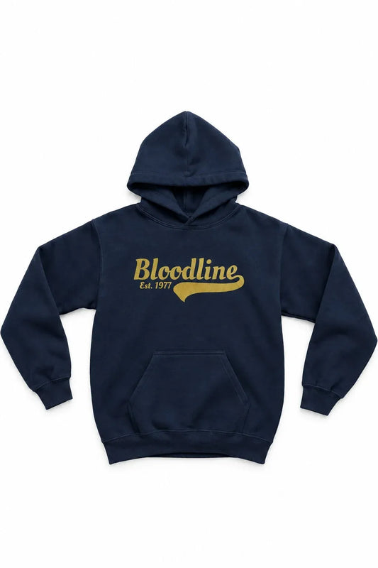 Navy hoodie with 'Gold rush' text on a white background