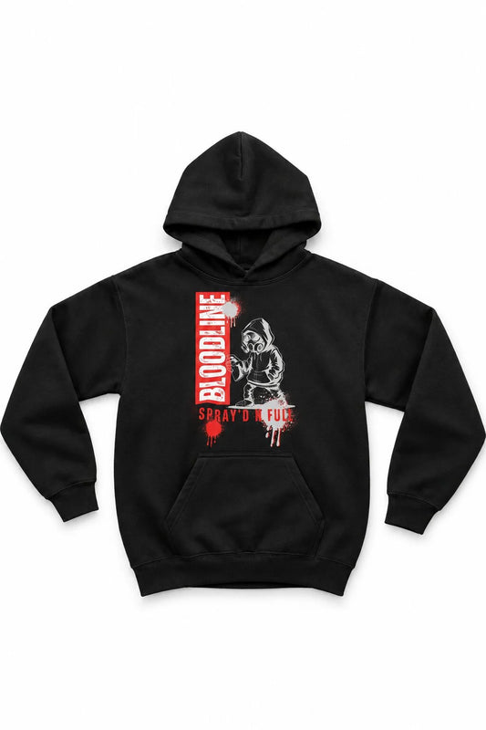 A black pullover hoodie featuring a graphic print on the front with a red vertical 'BLOODLINE' text block, a stylized figure in black and white
