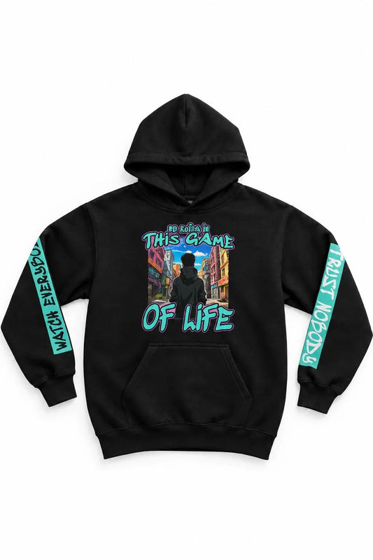 Black hoodie with graphic design and text on a white background