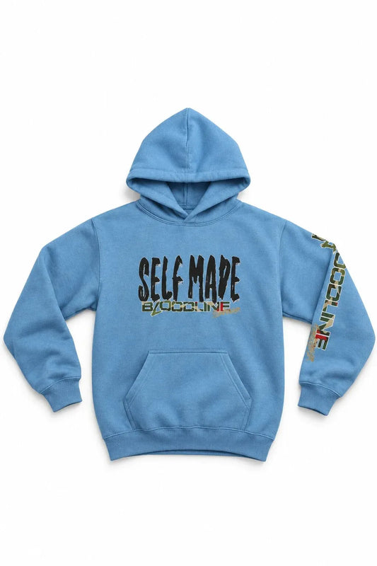 A light blue pullover hoodie with 'SELF MADE' printed in black and red on the chest