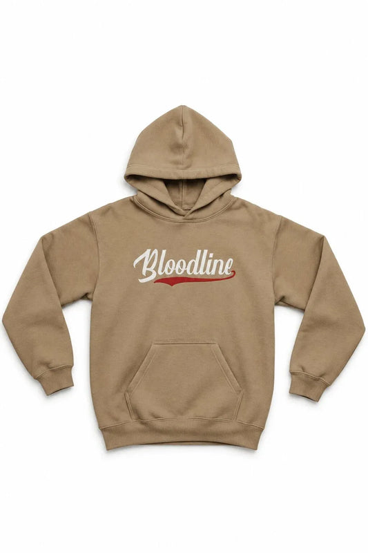 Black hoodie with white' text in gold on a white background