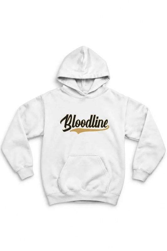 A white pullover hoodie with 'Bloodline' printed across the chest in a black script font with a gold underline accent, displayed on a solid white background.