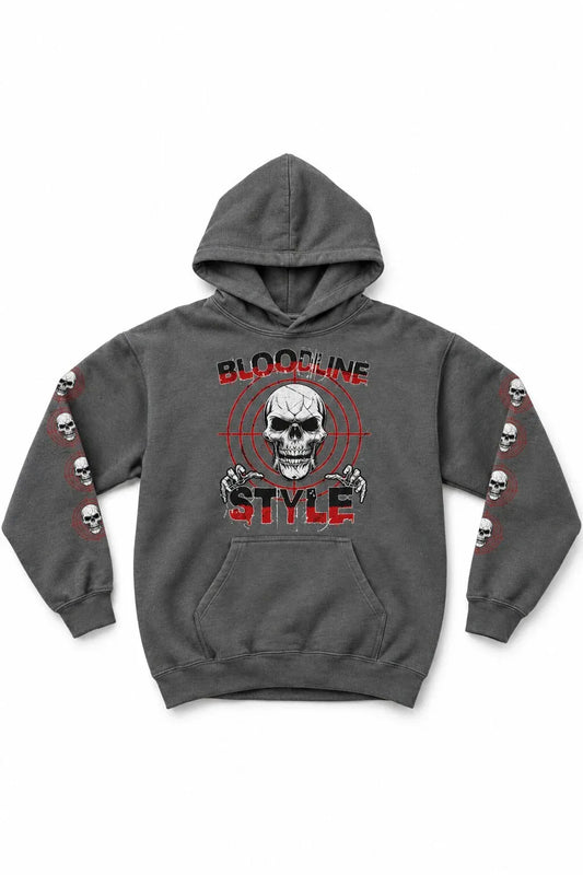 A grey pullover hoodie featuring a graphic print on the front with a skull, red target crosshair, and the words 'BLOODLINE STYLE' in red and black. The sleeves also feature a repeating circular skull graphic.