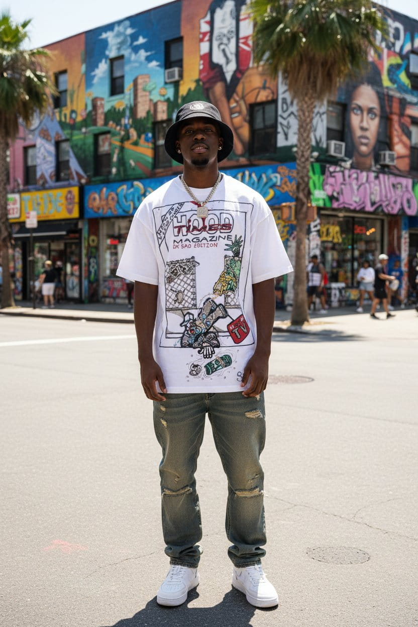 Man wearing a graphic t-shirt and jeans standing on a street with colorful murals in the background.