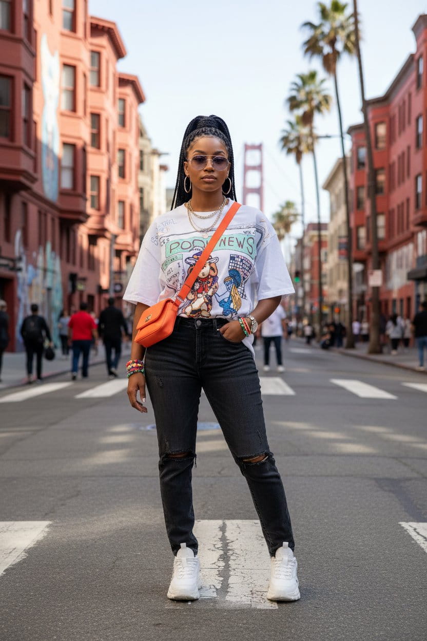 Female model wearing Pooh News SouLethal Hand-Painted Tee by Bloodline Streetwear on a city street