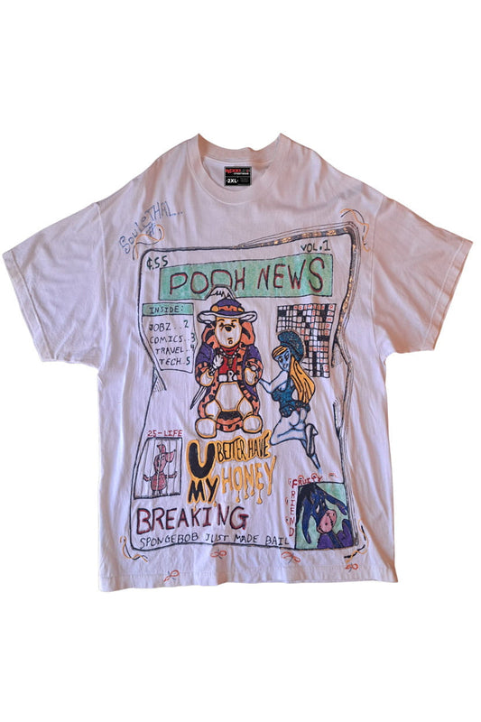 Pooh News SouLethal Hand-Painted Tee — original hand-painted Pooh bear graphic on white streetwear tee by Bloodline Streetwear