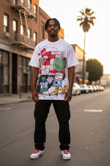Person wearing a graphic t-shirt on a city street