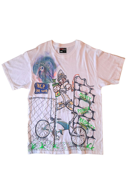 White t-shirt with graphic design of a bicycle and text on a white background