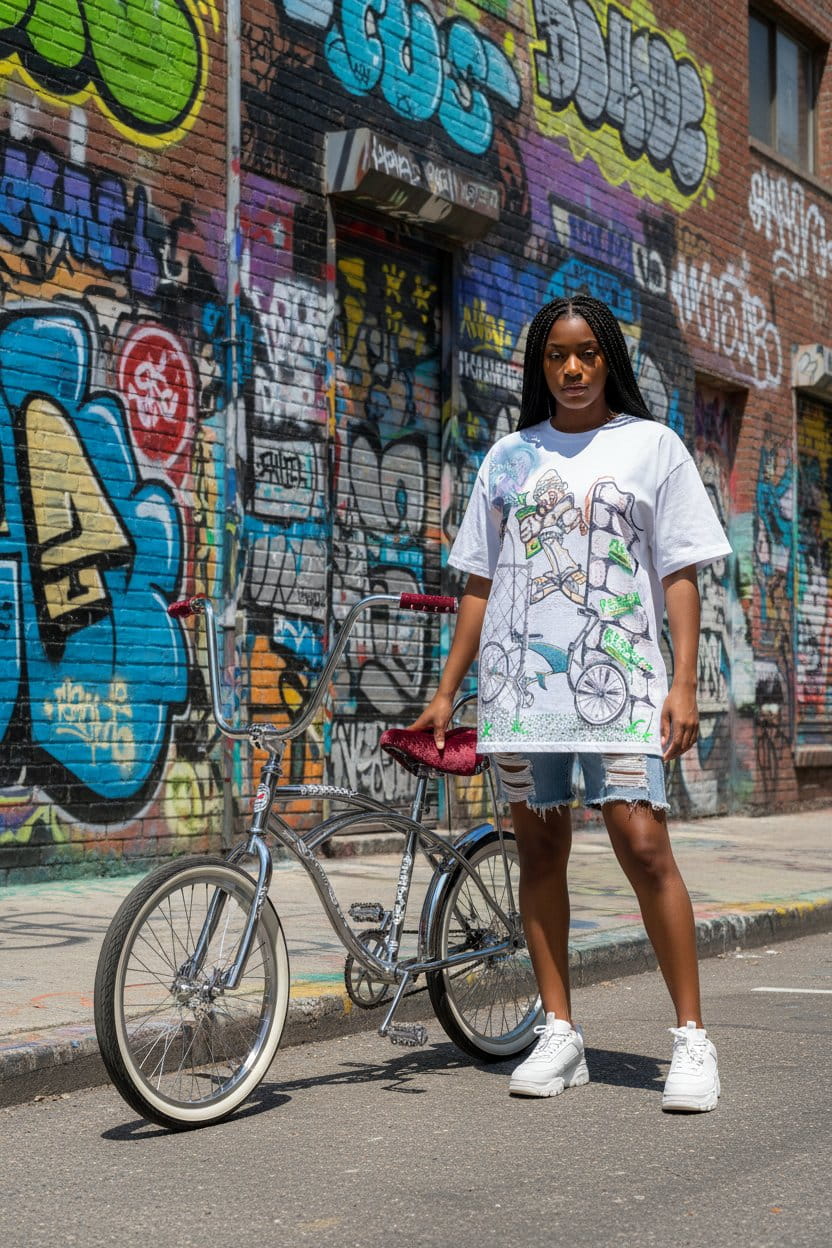 Person standing next to a bicycle in front of a graffiti-covered wall