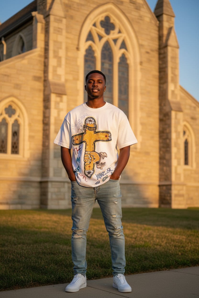 Person wearing a graphic t-shirt in front of a church