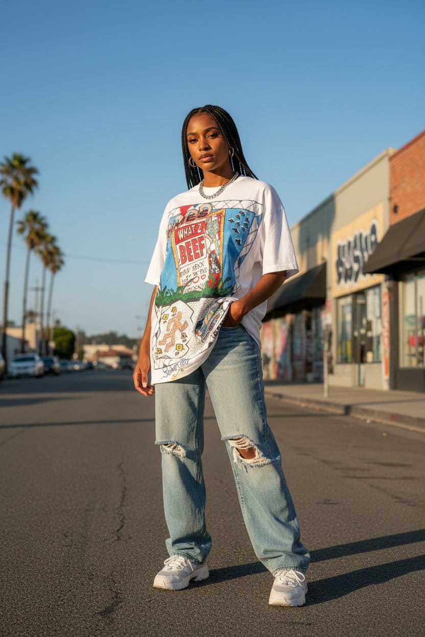Female model wearing What'z Beef SouLethal Hand-Painted Tee by Bloodline Streetwear on a palm tree street