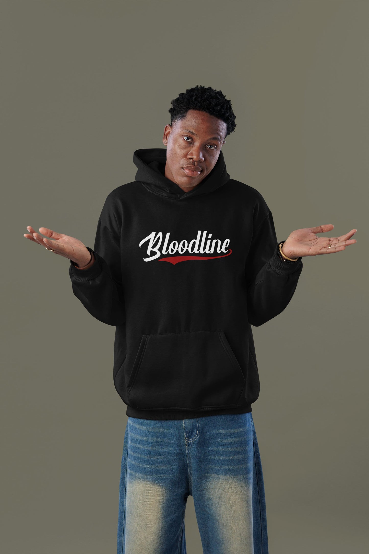 Person wearing a black hoodie with 'Bloodline' text on a gray background