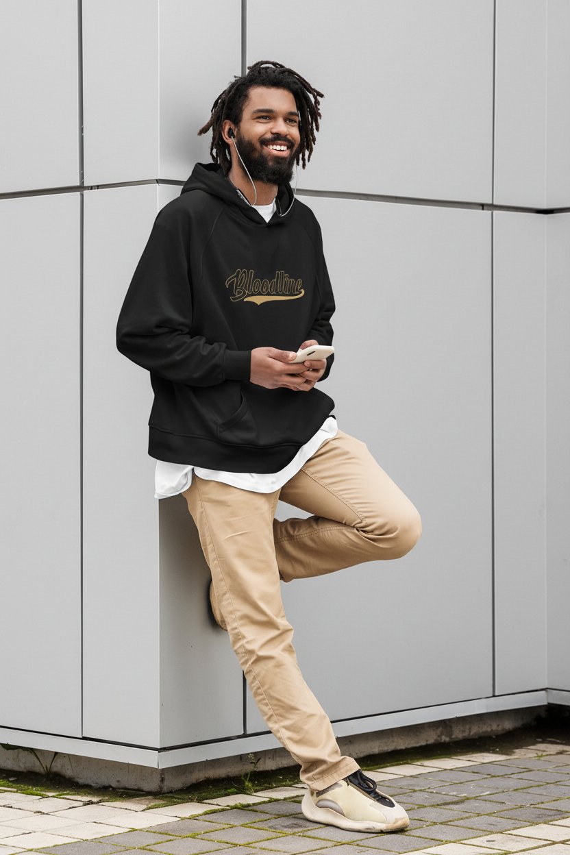 Man wearing a black hoodie with a logo, beige pants, and white sneakers leaning against a gray wall.