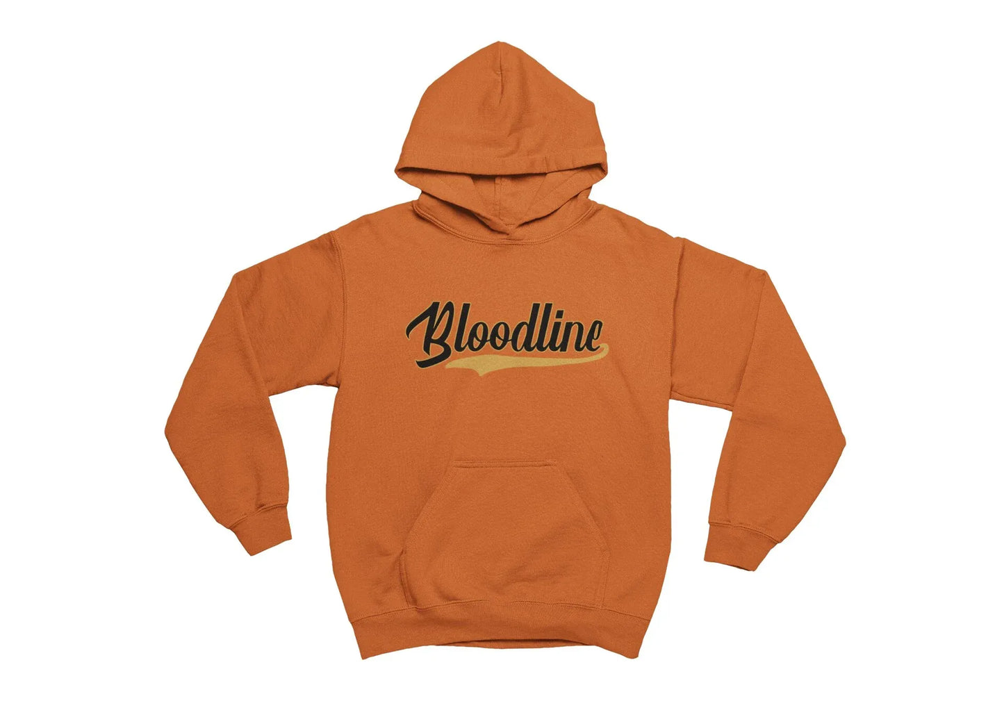 Orange hoodie with 'Bloodline' text on a white background