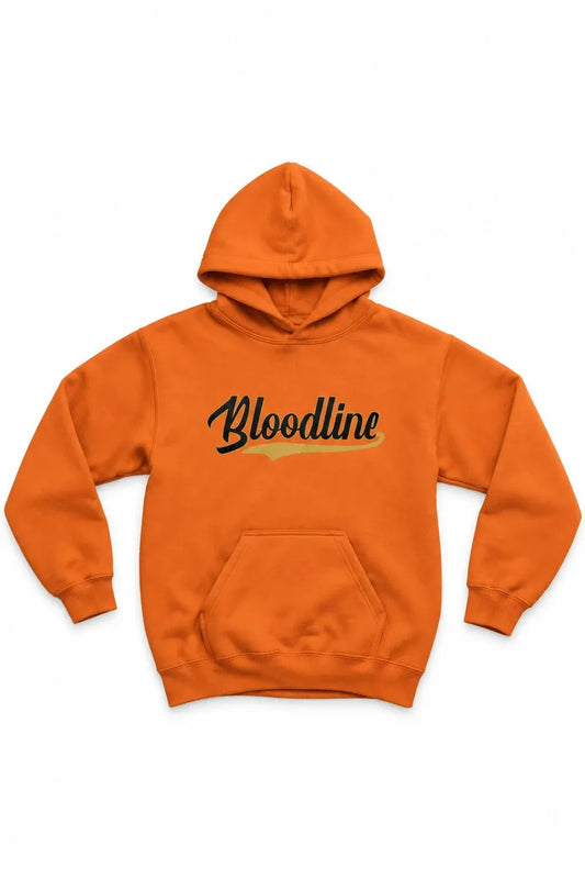 Orange hoodie with 'Bloodline' text on a white background