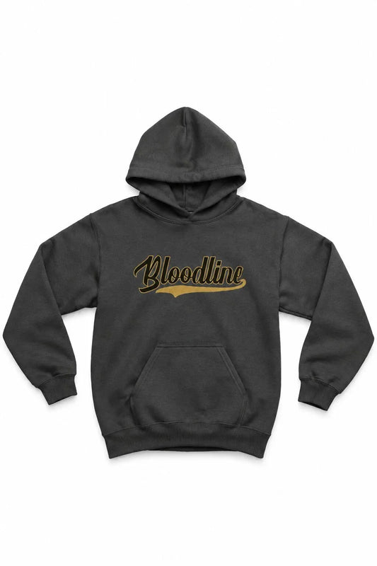 Gray hoodie with 'Bloodline' text on a white background