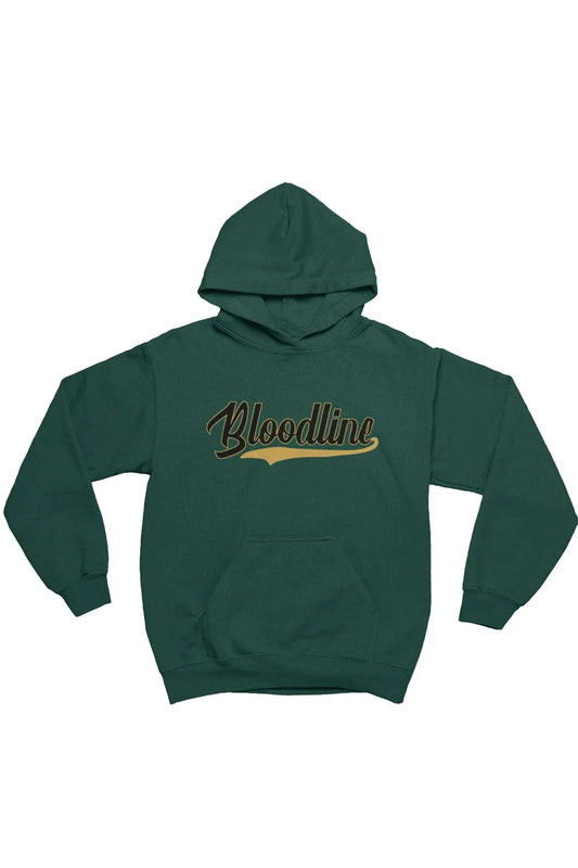 A dark green pullover hoodie with a front kangaroo pocket and a 'Bloodline' graphic across the chest in a stylized brown and gold font, shown against a plain white background.