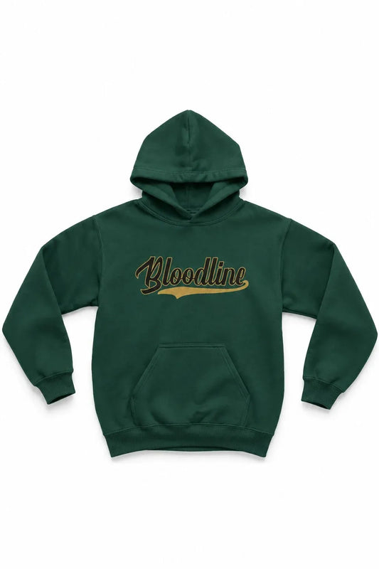 A dark green pullover hoodie with a front kangaroo pocket and a 'Bloodline' graphic across the chest in a stylized brown and gold font, shown against a plain white background.