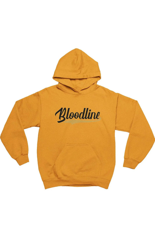 A mustard yellow pullover hoodie with the word 'Bloodline' printed across the chest in black cursive script, displayed against a solid white background.