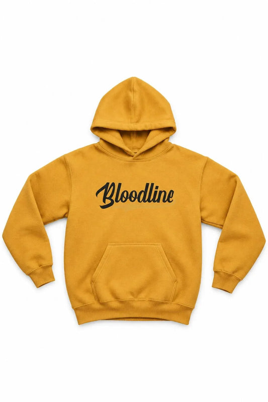 A mustard yellow pullover hoodie with the word 'Bloodline' printed across the chest in black cursive script, displayed against a solid white background.