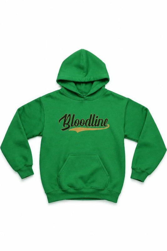 Green hoodie with 'Bloodline' text on a white background