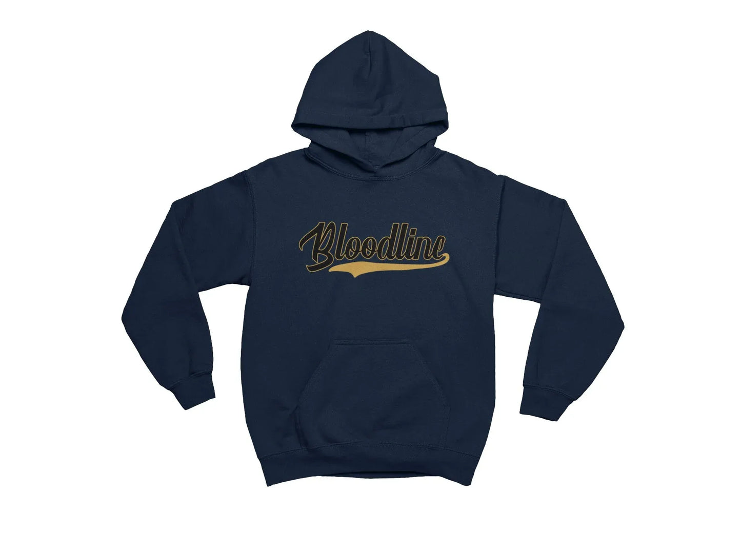 Navy blue hoodie with 'Bloodline' text in gold on a white background