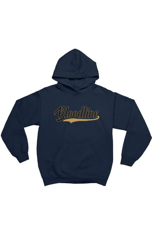 Navy blue hoodie with 'Bloodline' text in gold on a white background