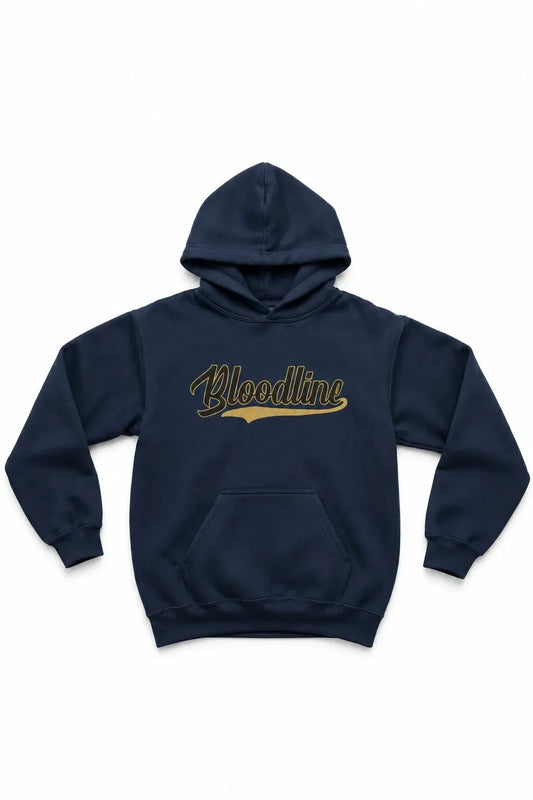 Navy blue hoodie with 'Bloodline' text in gold on a white background