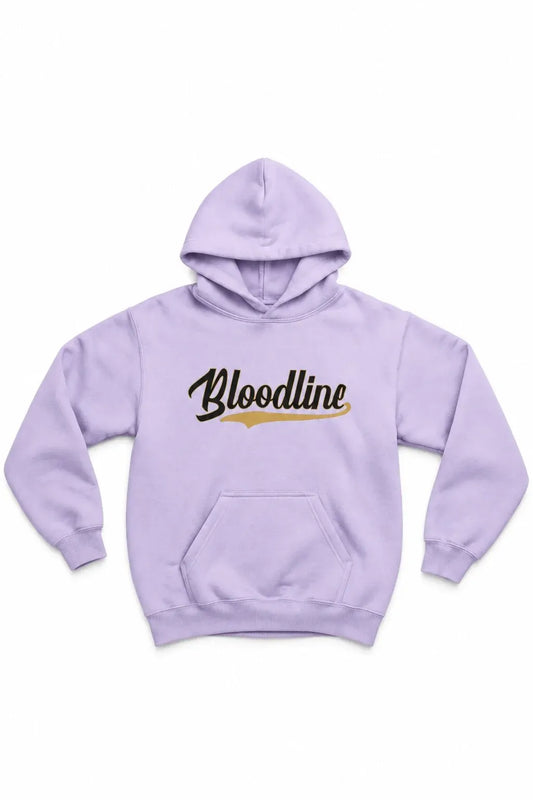 A light purple/lavender pullover hoodie with 'Bloodline' printed across the chest in a stylized black and gold script, displayed against a solid white background.