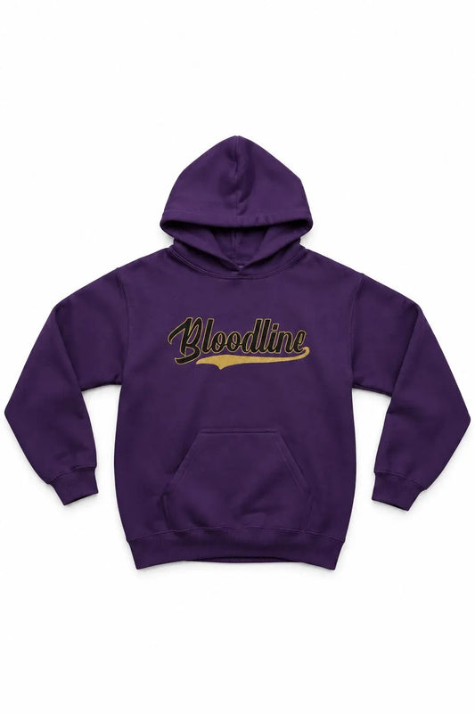 Purple hoodie with 'Bloodline' text on a white background