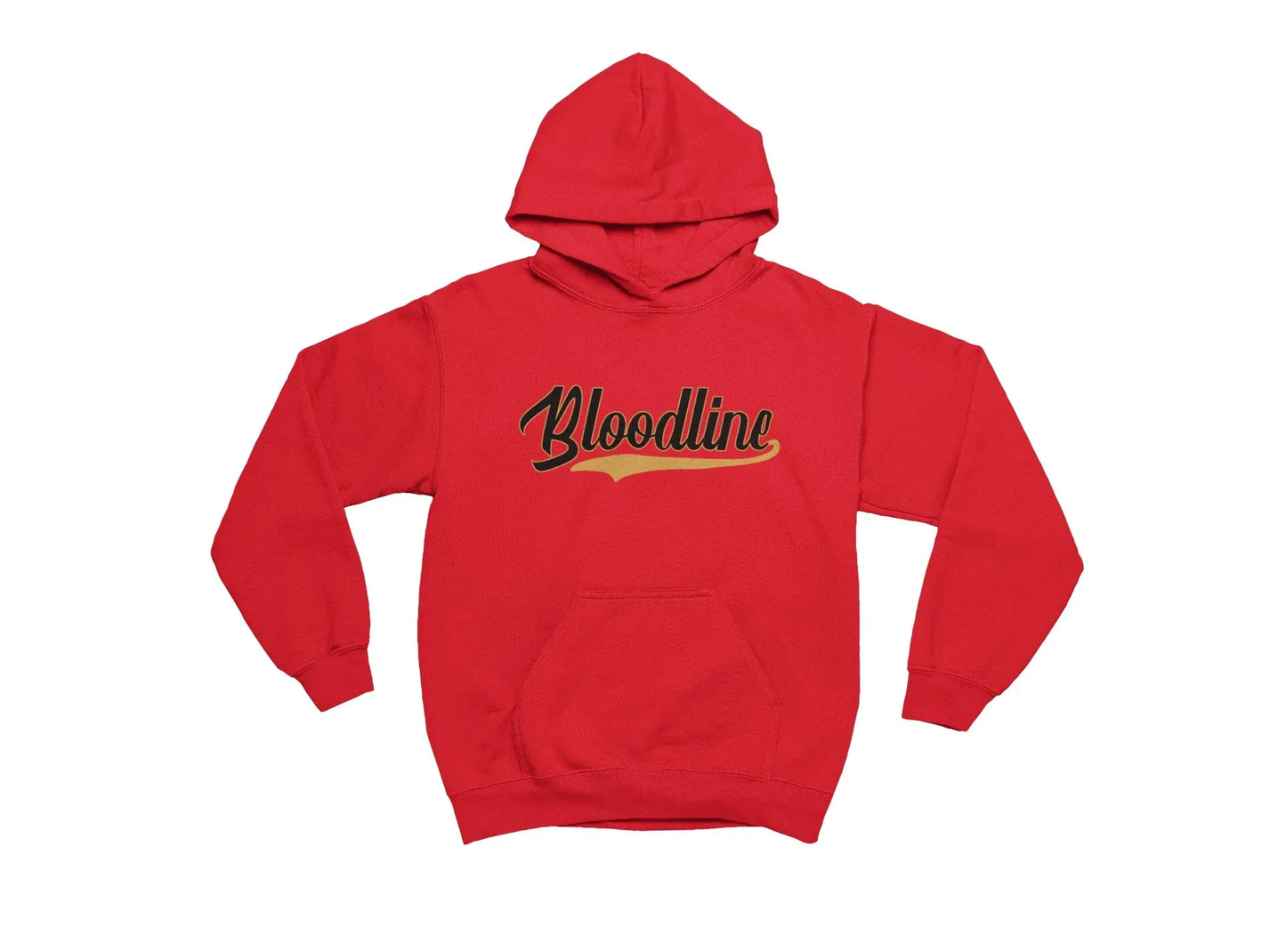 Red hoodie with 'Bloodline' text on a white background
