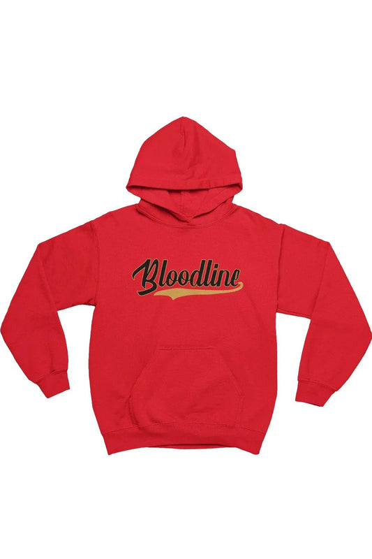 Red hoodie with 'Bloodline' text on a white background