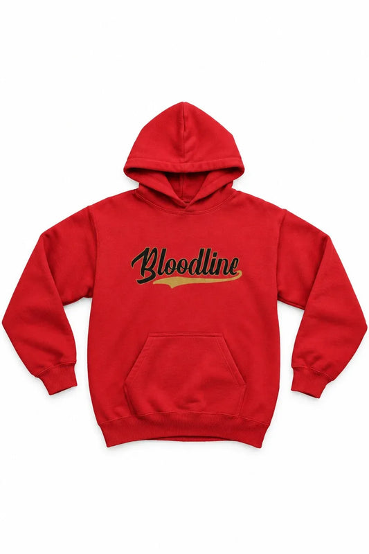 Red hoodie with 'Bloodline' text on a white background