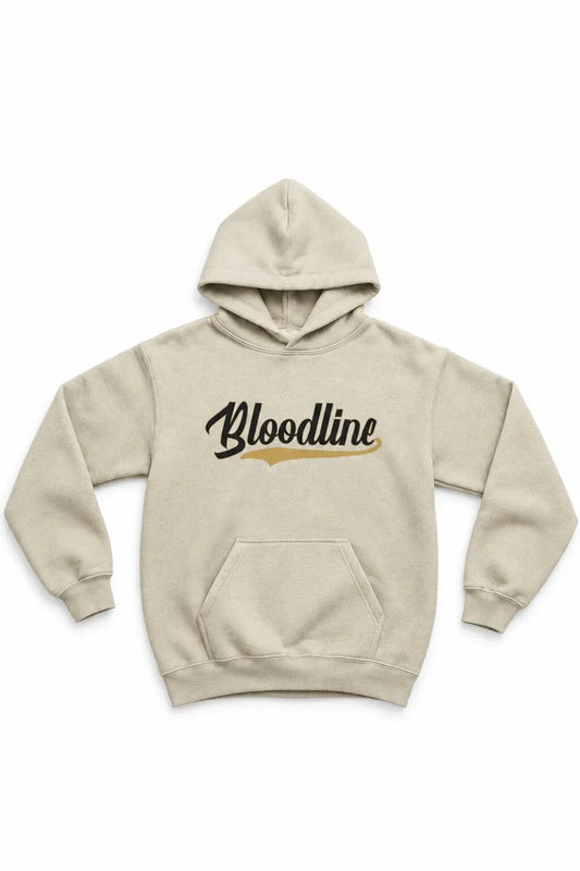 Beige hoodie with 'Bloodline' text on a white background