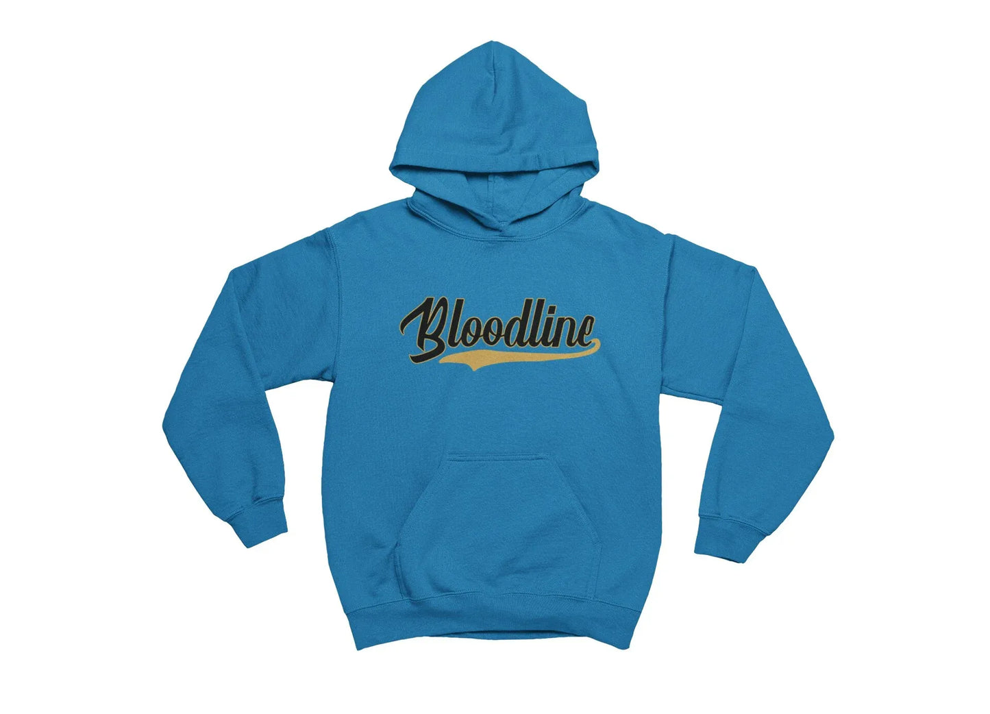 Blue hoodie with 'Bloodline' text on a white background