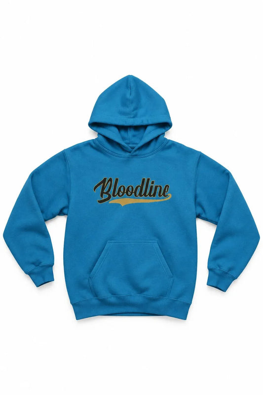 Blue hoodie with 'Bloodline' text on a white background