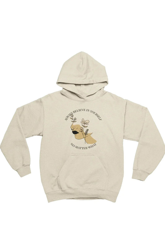 Beige hoodie with a graphic design and text on a white background