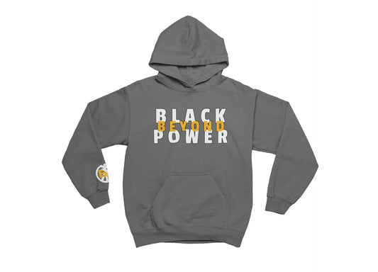 charcoal hoodie with 'Black Beyond Power' text on a white background