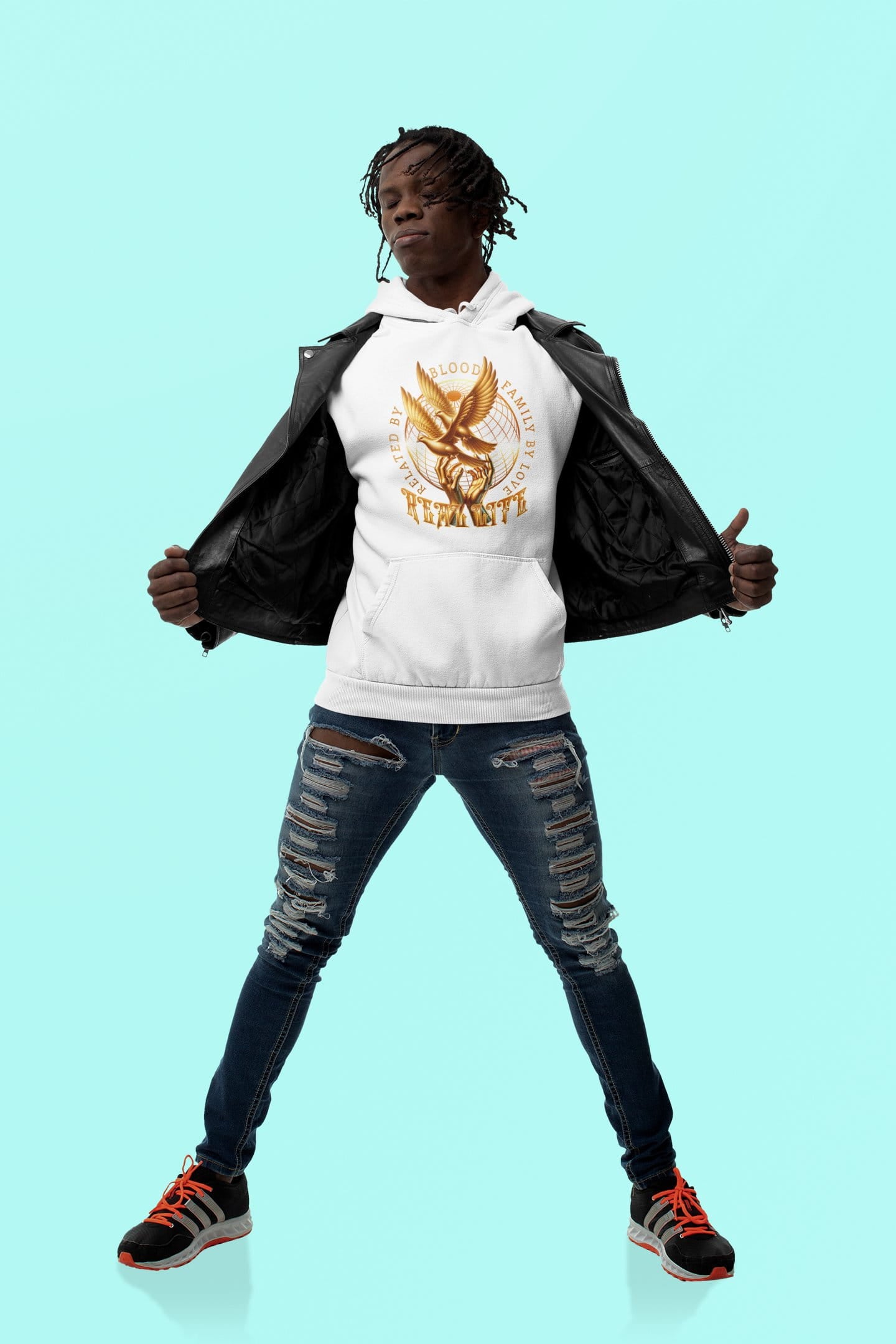 Person wearing a white hoodie with a graphic design on a light blue background